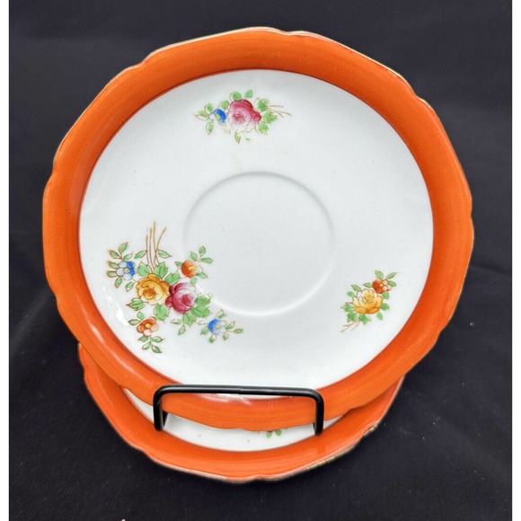 Hand Painted CORONATION CHINA From JAPAN Floral Saucers Red/Orangr TRIM - Picture 1 of 6